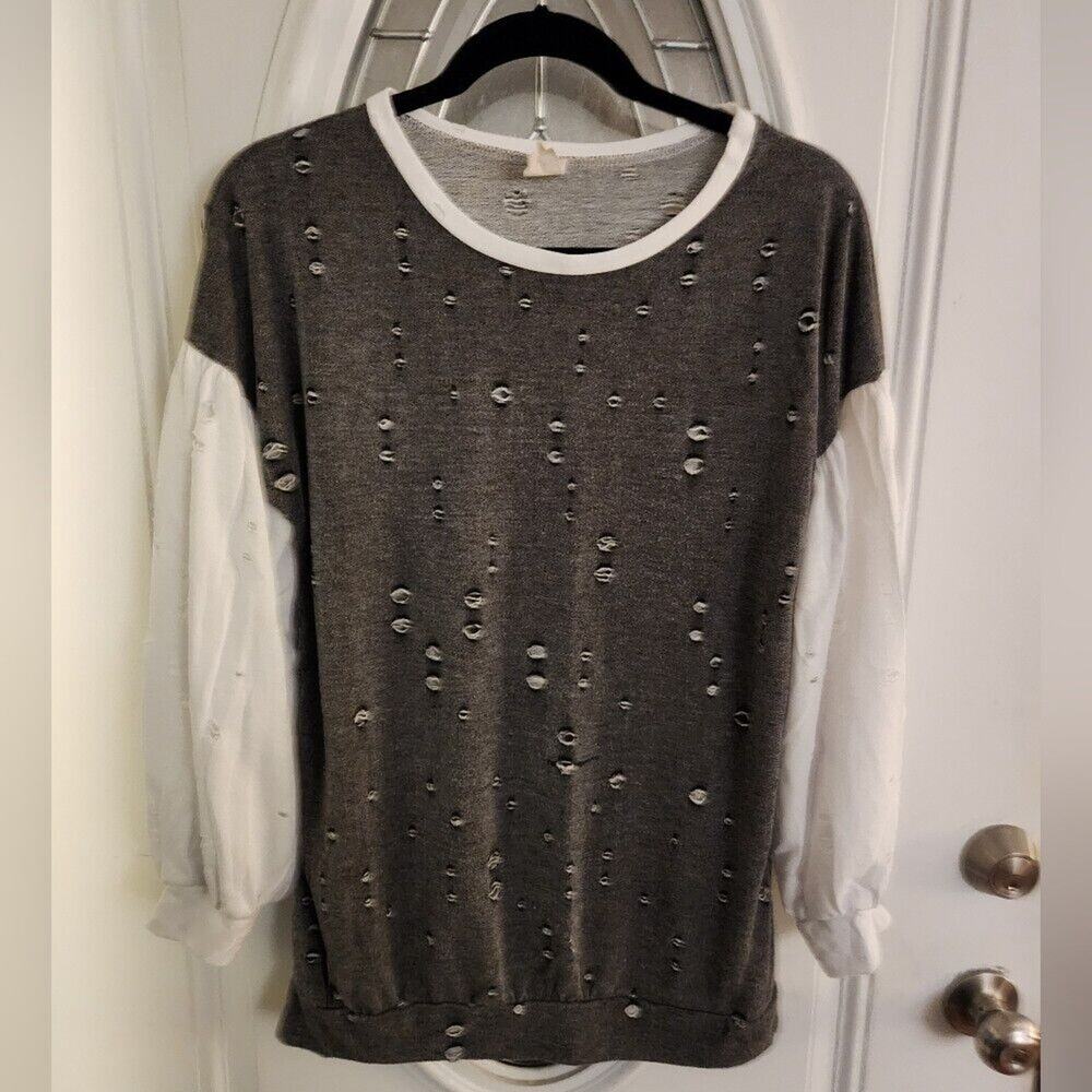 Distressed Layered Sweatshirt Gray White Long Sleeve Shredded Grunge Y2K